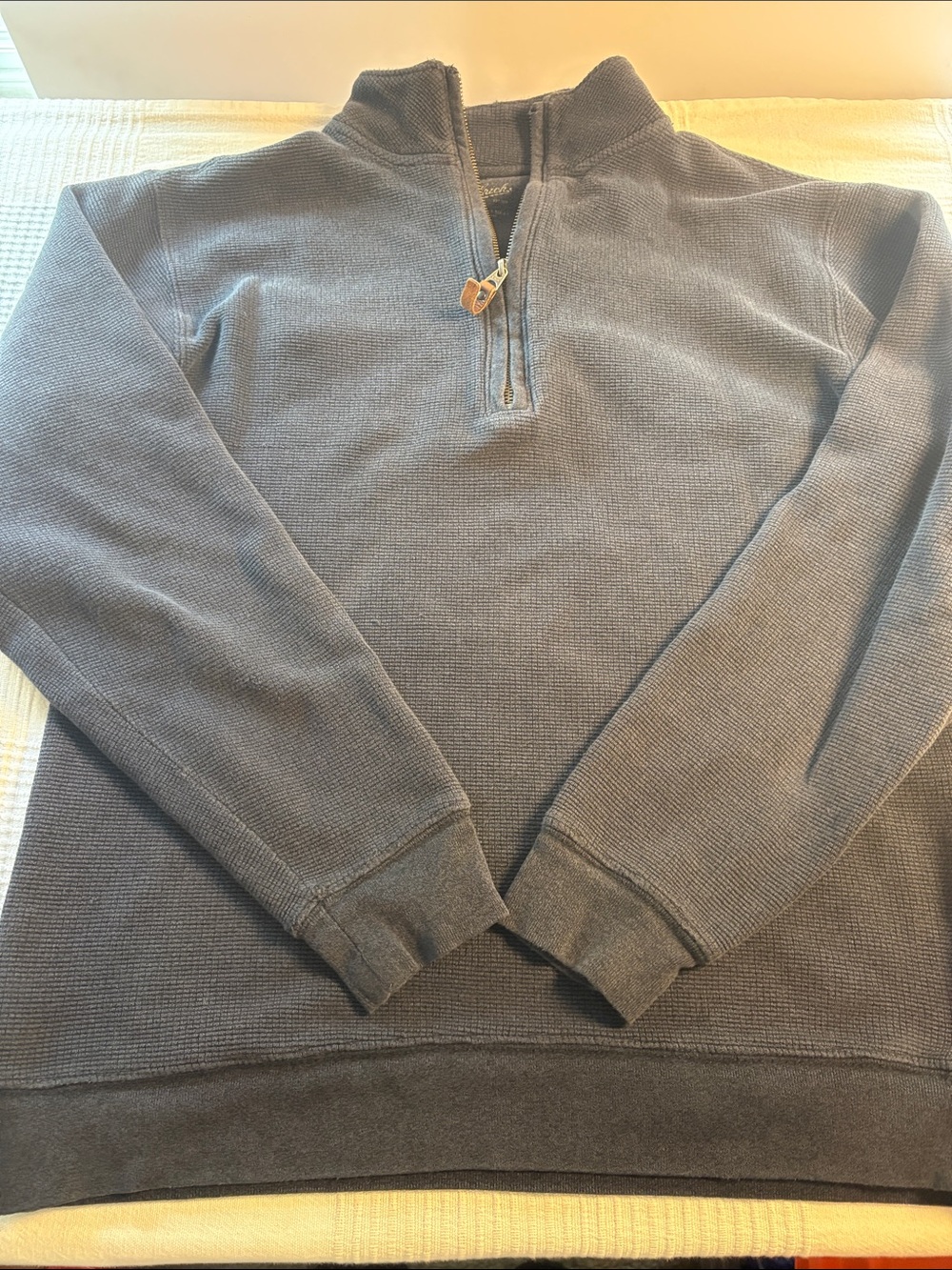 Woolrich Men's Half-Zip Sweater in Blue with Leather Pull